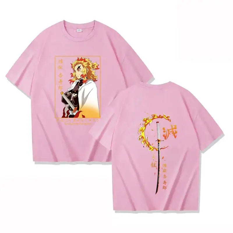 Printed T-shirt featuring Rengoku Kyoujurou from Demon Slayer, by Infinite Visibility, shown with vibrant design and comfortable fit.