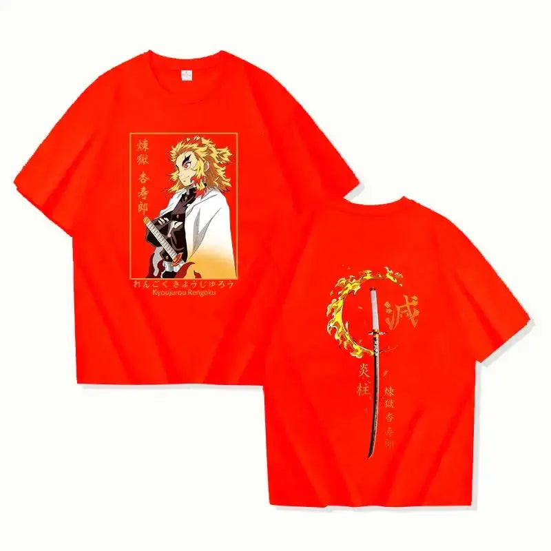 Printed T-shirt featuring Rengoku Kyoujurou from Demon Slayer, Infinite Visibility brand, with vibrant character illustration.