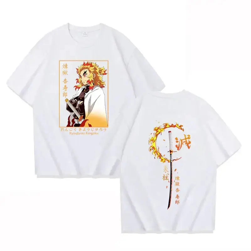 Rengoku Kyoujurou Demon Slayer printed T-shirt from Infinite Visibility, featuring detailed anime character design on front.
