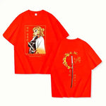 Printed T-shirt featuring Rengoku Kyoujurou from Demon Slayer, by Infinite Visibility, showcasing vibrant character artwork.