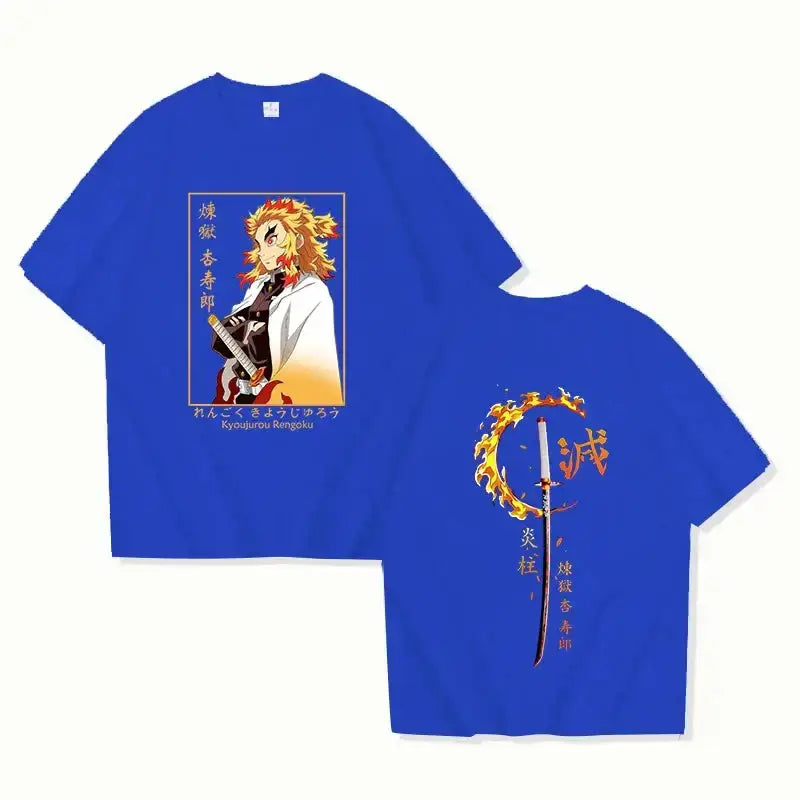 Rengoku Kyoujurou Demon Slayer printed T-shirt by Infinite Visibility featuring character artwork on a black fabric tee.