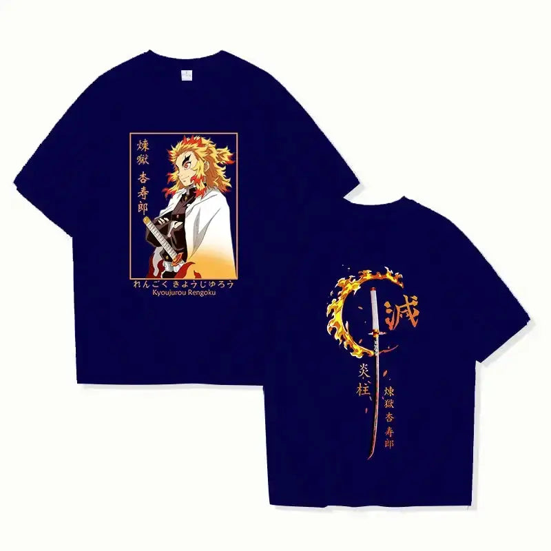 Printed T-shirt featuring Rengoku Kyoujurou from Demon Slayer, by Infinite Visibility, showcasing detailed character artwork.