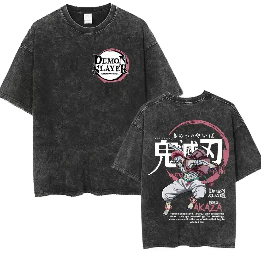 Washed vintage Akaza Demon Slayer manga graphic T-shirt by Infinite Visibility, featuring detailed demon illustration on soft fabric