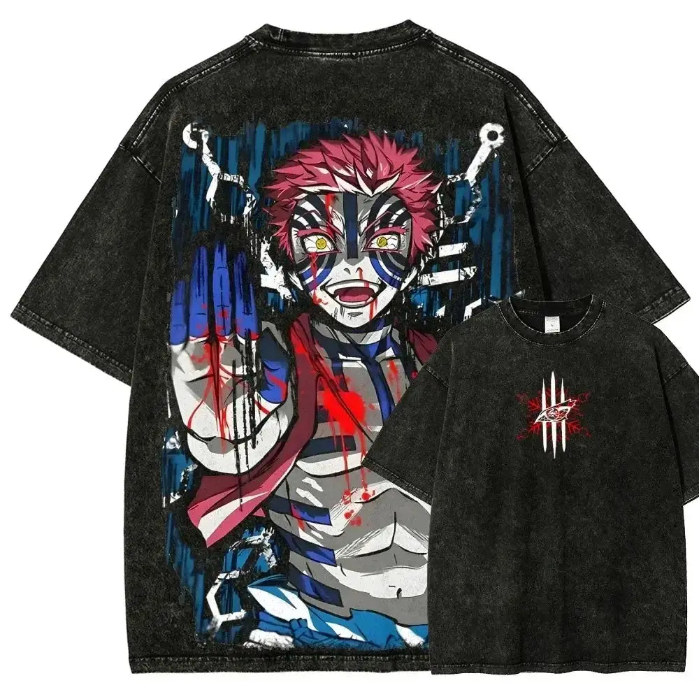 Washed vintage Akaza Demon Slayer manga graphic T-shirt by Infinite Visibility featuring a detailed demon illustration