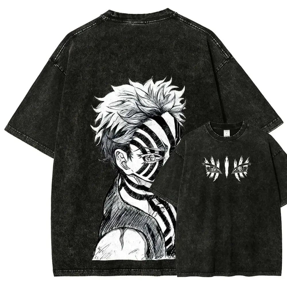Washed Vintage Akaza Demon Slayer manga graphic T-shirt by Infinite Visibility, featuring detailed character artwork on soft fabric.
