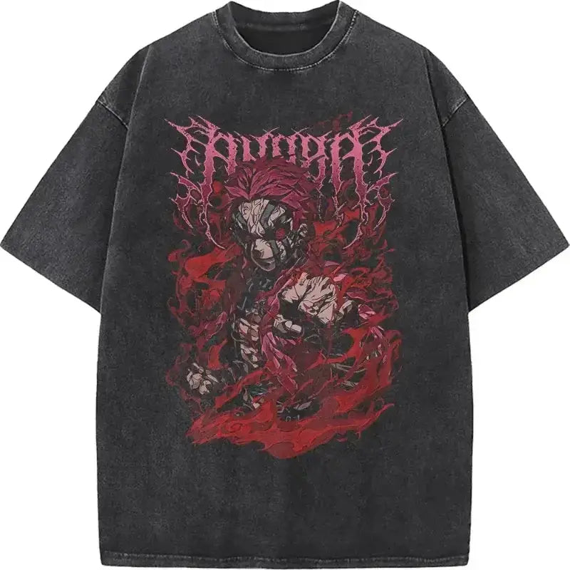 Washed vintage Akaza Demon Slayer manga graphic T-shirt by Infinite Visibility, featuring a detailed anime character design.