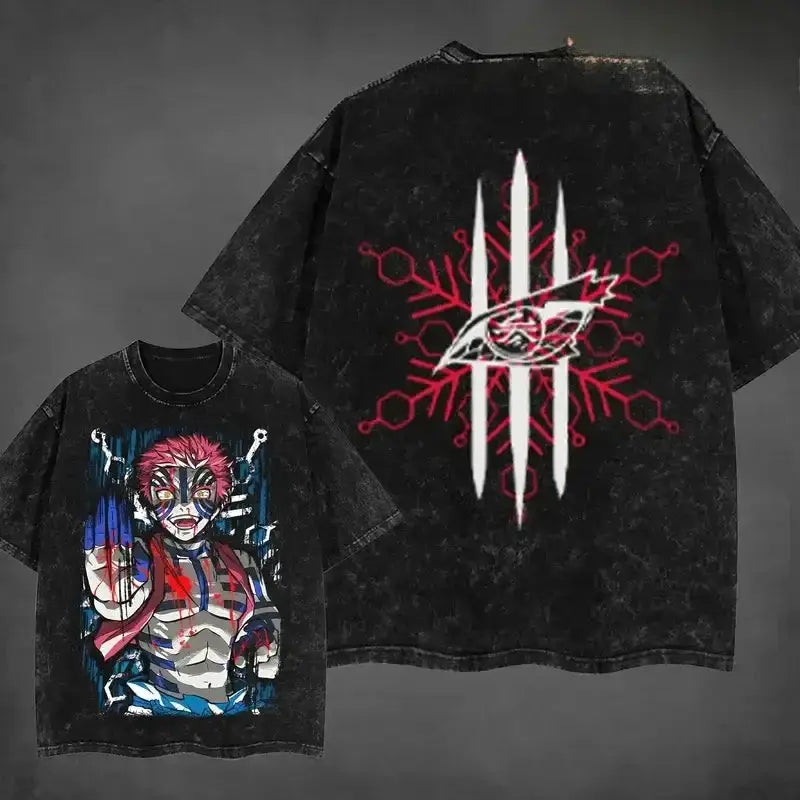 Washed vintage Akaza Demon Slayer manga graphic T-shirt by Infinite Visibility, featuring a detailed demon character design.