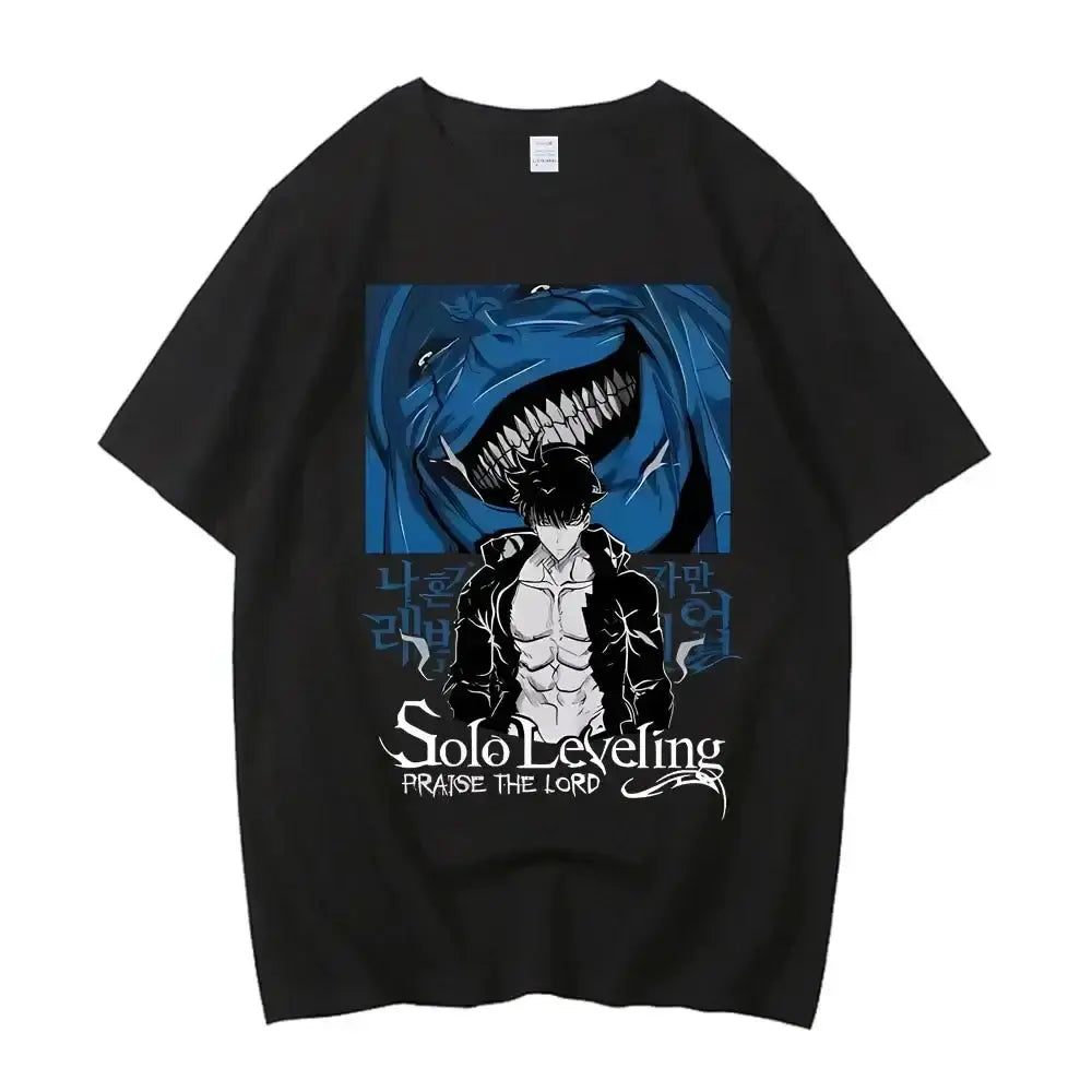 Infinite Visibility Solo Leveling T-Shirt featuring Sung Jinwoo graphic, casual Harajuku style, black cotton tee with detailed print.