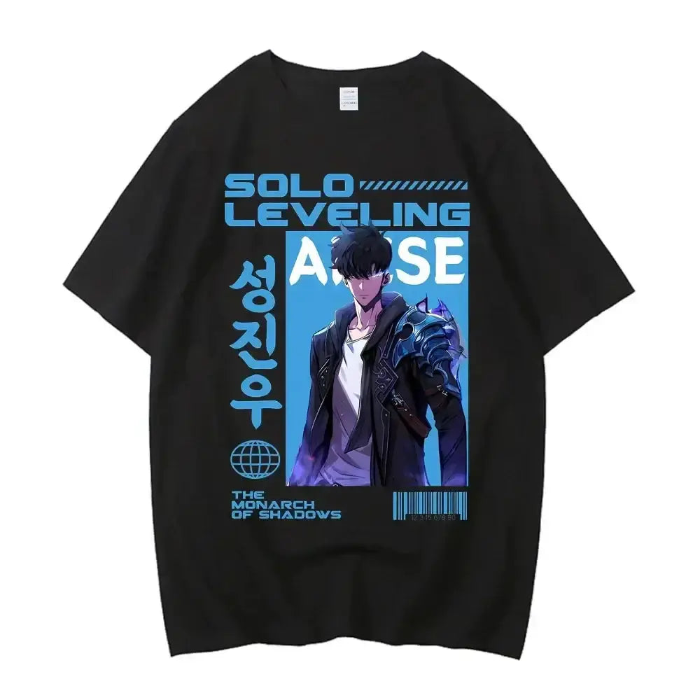 Solo Leveling Sung Jinwoo graphic T-shirt by Infinite Visibility featuring a stylish Harajuku-inspired design.
