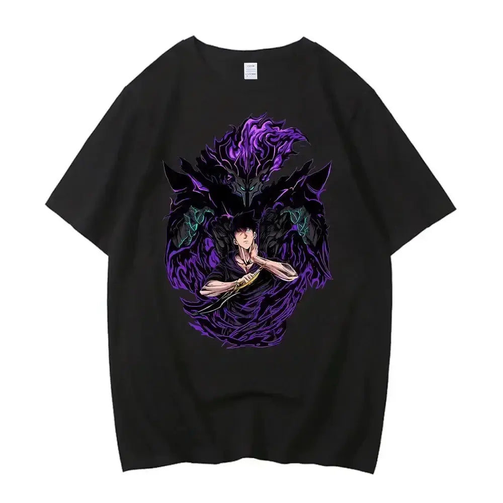 Solo Leveling Sung Jinwoo graphic T-shirt by Infinite Visibility featuring a stylish Harajuku design with vibrant artwork.