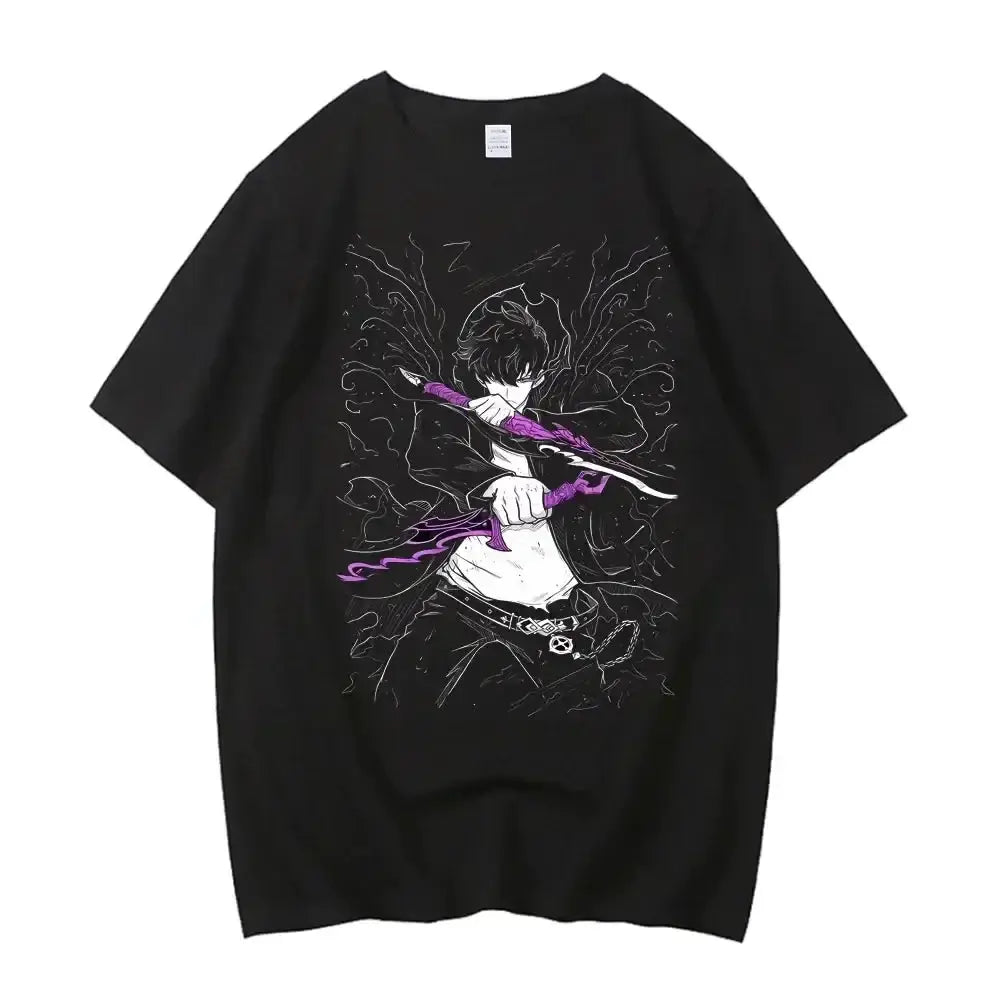 Infinite Visibility Solo Leveling T-Shirt featuring Sung Jinwoo graphic design, casual Harajuku style tee with bold artwork.