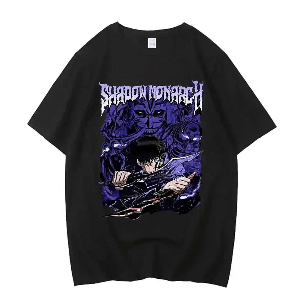 Infinite Visibility Solo Leveling T-Shirt featuring Sung Jinwoo graphic, Harajuku style, casual fit, black fabric with vibrant print