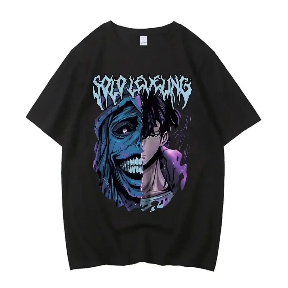 Black Solo Leveling T-Shirt featuring Sung Jinwoo graphic design by Infinite Visibility, casual fit, and detailed anime-style artwork.