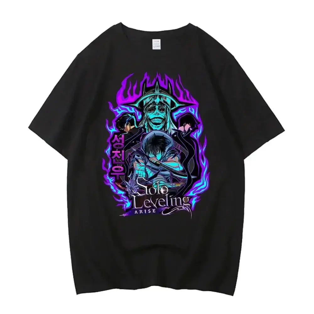 Black Solo Leveling T-shirt featuring Sung Jinwoo graphic design by Infinite Visibility, casual fit, vibrant anime-inspired artwork.