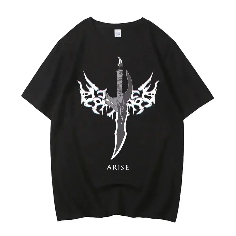 Solo Leveling Sung Jinwoo graphic T-shirt by Infinite Visibility, featuring detailed manga-style artwork on a casual black tee.