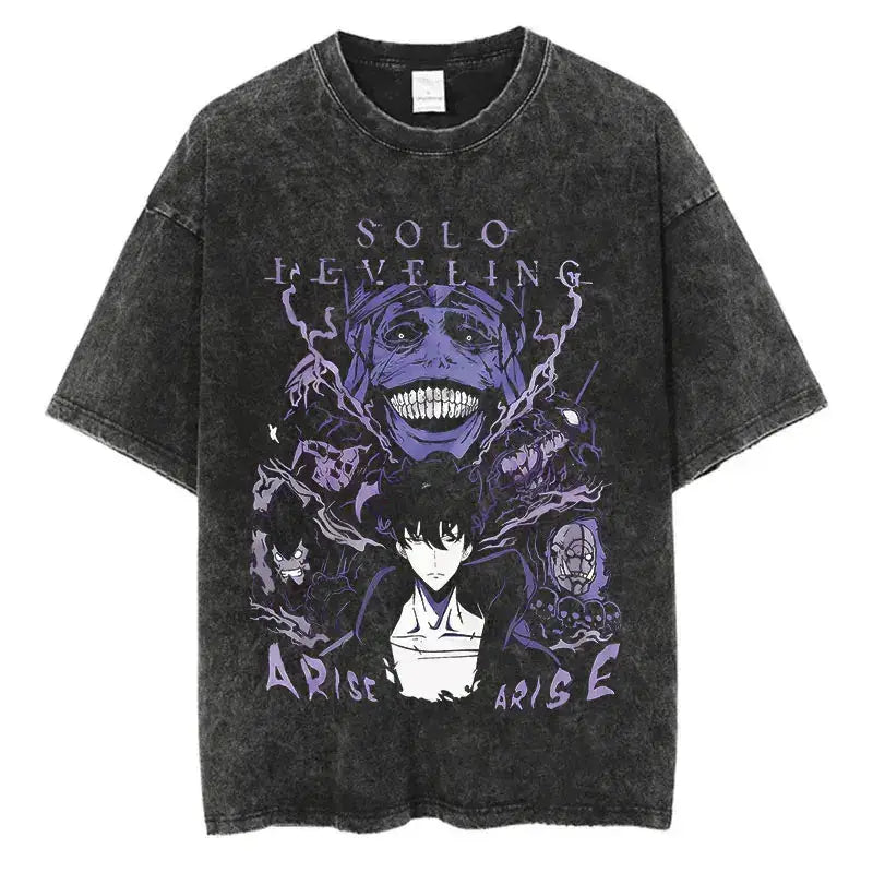 Vintage Solo Leveling T-shirt by Infinite Visibility featuring washed anime design on a casual Harajuku style T-shirt.