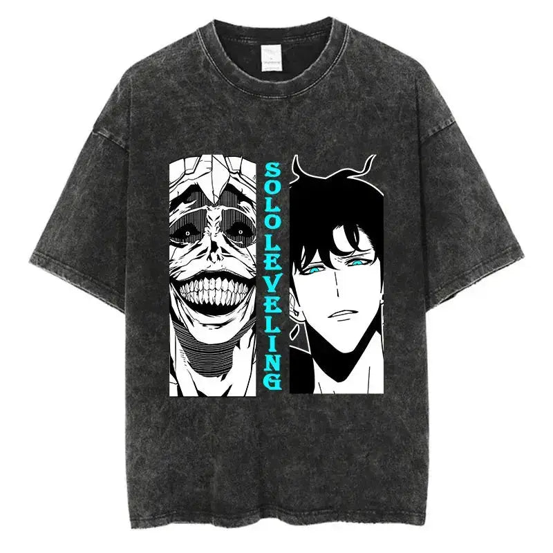 Vintage Solo Leveling anime T-shirt by Infinite Visibility featuring washed Harajuku-inspired design and bold manga-style artwork.