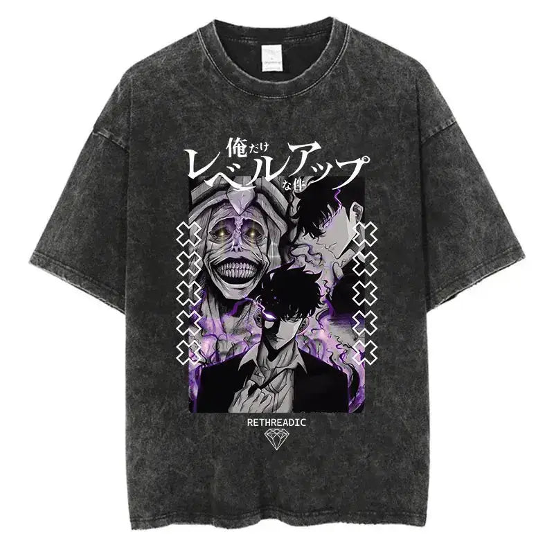 Vintage Solo Leveling T-shirt by Infinite Visibility featuring Harajuku washed anime design on a casual T-shirt.