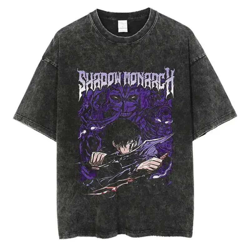 Vintage Solo Leveling T-shirt by Infinite Visibility featuring washed anime design, perfect for Harajuku-inspired fashion.