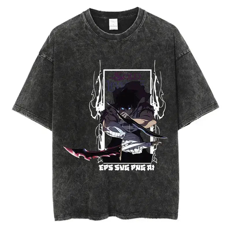 Vintage Solo Leveling anime T-shirt by Infinite Visibility featuring washed Harajuku style design and artwork.