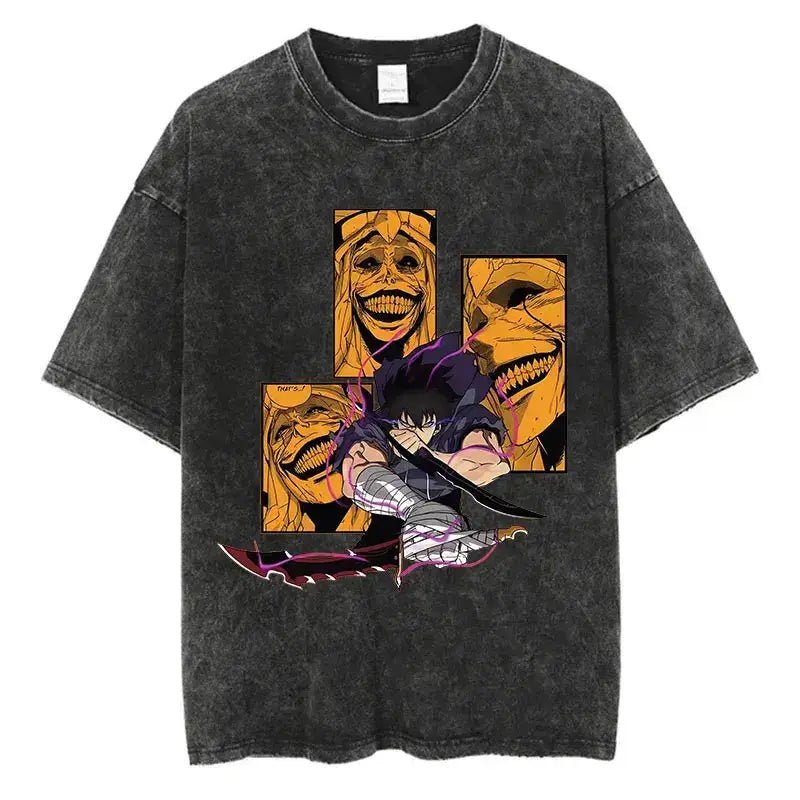 Vintage Solo Leveling T-shirt by Infinite Visibility featuring washed anime design, ideal for fans of Harajuku style and anime fashion.