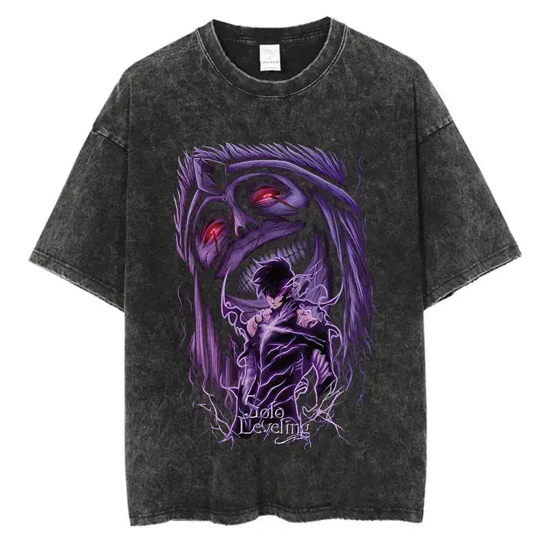 Vintage Solo Leveling T-shirt by Infinite Visibility featuring washed anime-inspired design, casual Harajuku style T-shirt.