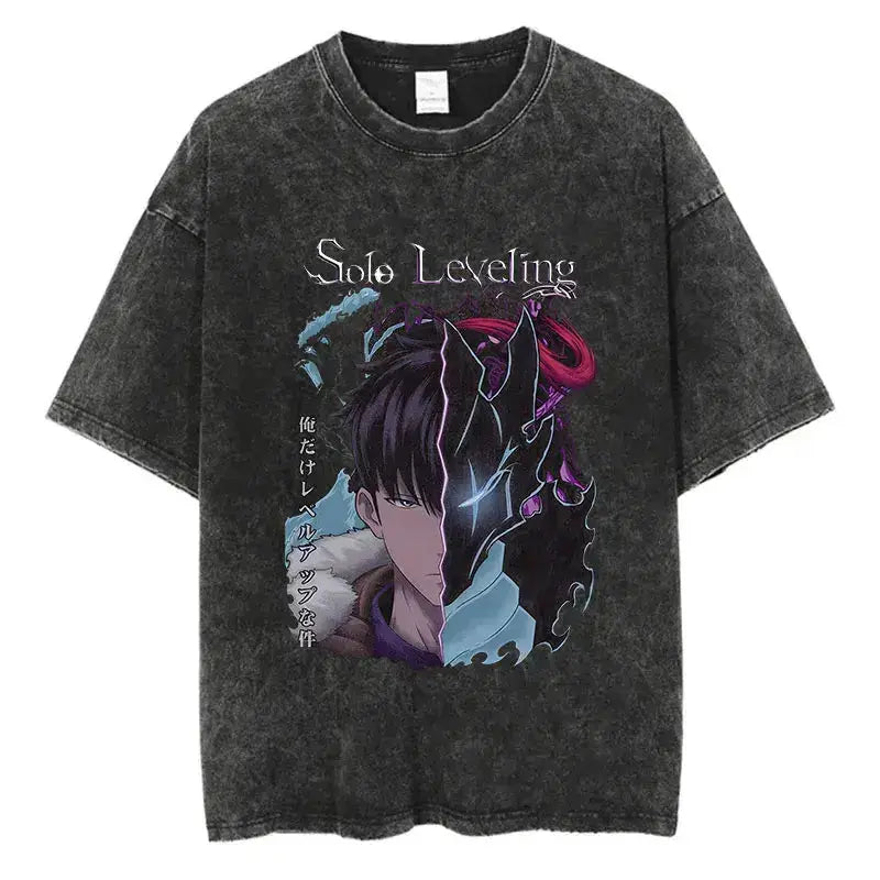 Vintage Solo Leveling T-shirt by Infinite Visibility featuring Harajuku washed anime design, casual crew neck style, front graphic print.