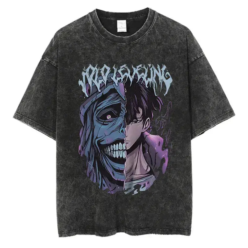 Vintage Solo Leveling T-shirt by Infinite Visibility featuring washed anime-inspired design on a casual T-shirt front view.