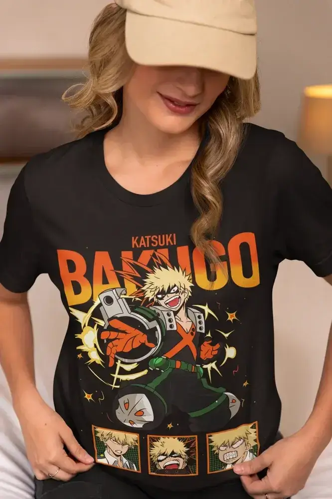 Katsuki Bakugo MHA anime hero manga T-shirt by Infinite Visibility, featuring a bold graphic design of Bakugo in action.