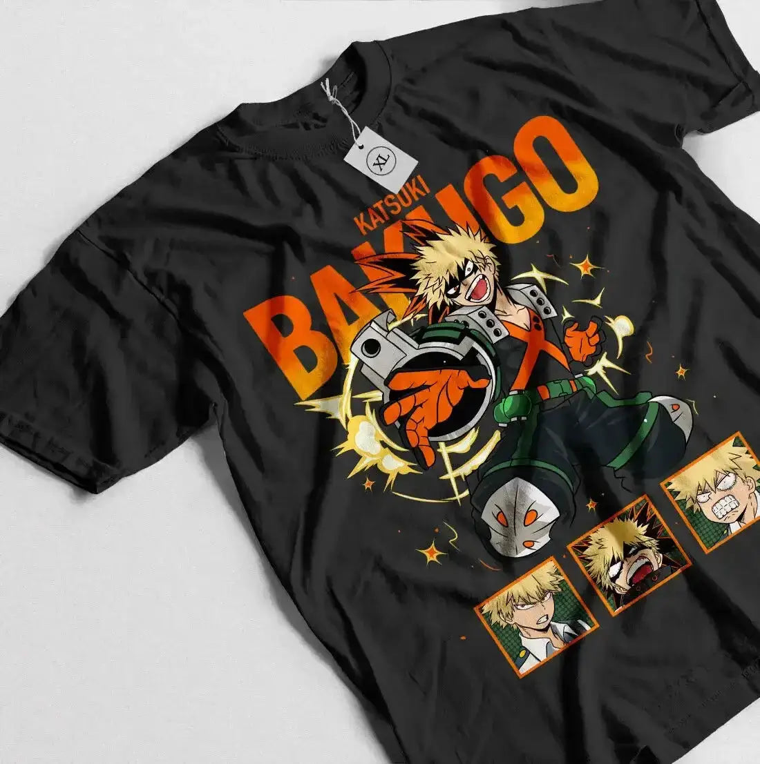 Katsuki Bakugo MHA anime hero manga T-shirt in black featuring Bakugo's explosive character design and logo.