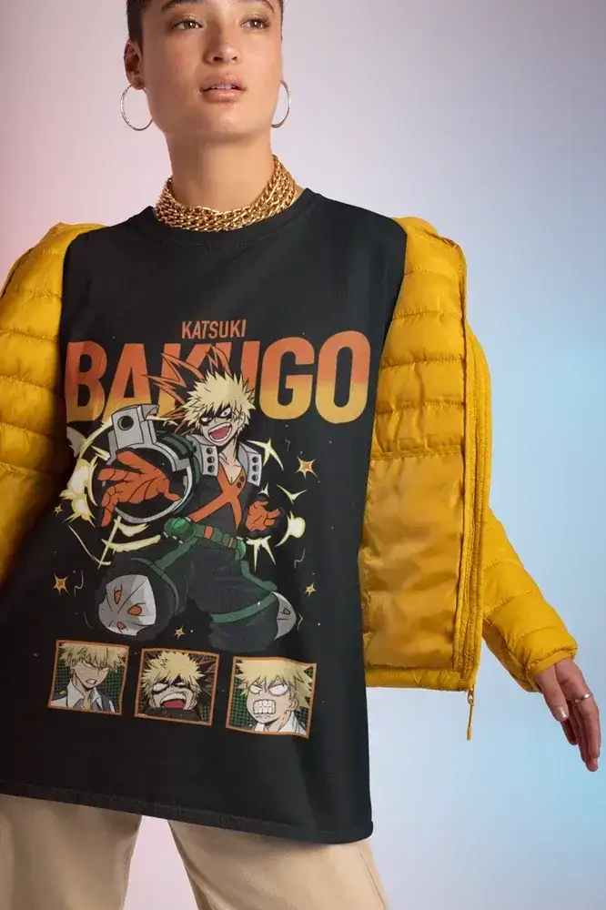 Katsuki Bakugo MHA anime hero manga T-shirt in black with graphic print, featuring bold character design and dynamic style.