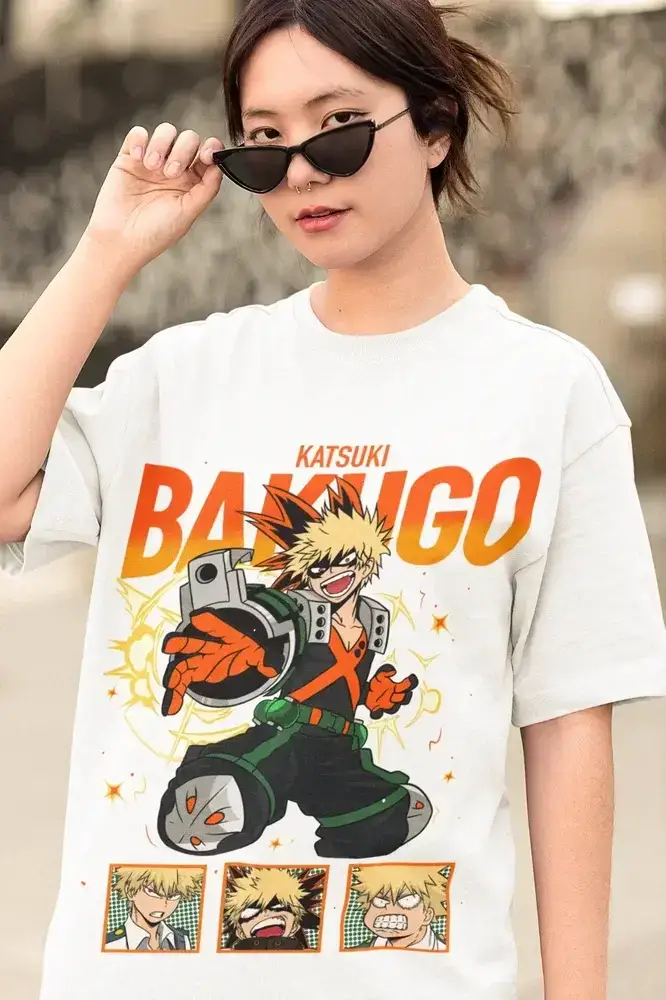 Katsuki Bakugo MHA anime hero manga T-Shirt by Infinite Visibility featuring a bold graphic design of Bakugo from My Hero Academia.