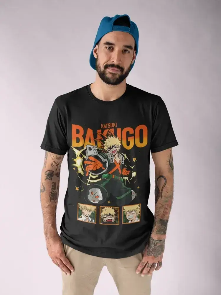 Katsuki Bakugo MHA anime hero manga T-shirt in black with character graphic, casual fit, designed by Infinite Visibility