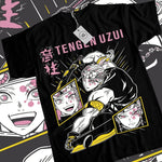 Black Tengen Uzui Demon Slayer T-shirt featuring colorful graphic print, made by Infinite Visibility, casual and stylish.