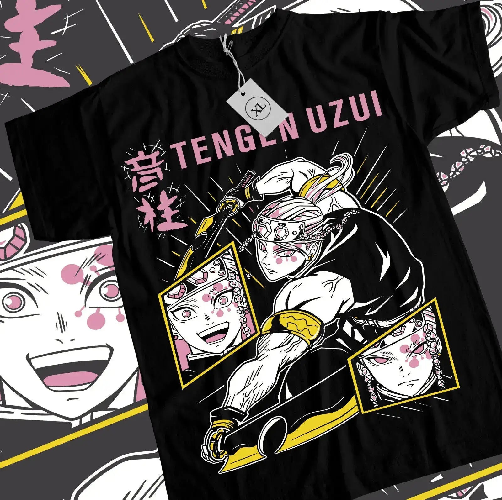 Black Tengen Uzui Demon Slayer T-shirt featuring colorful graphic print, made by Infinite Visibility, casual and stylish.