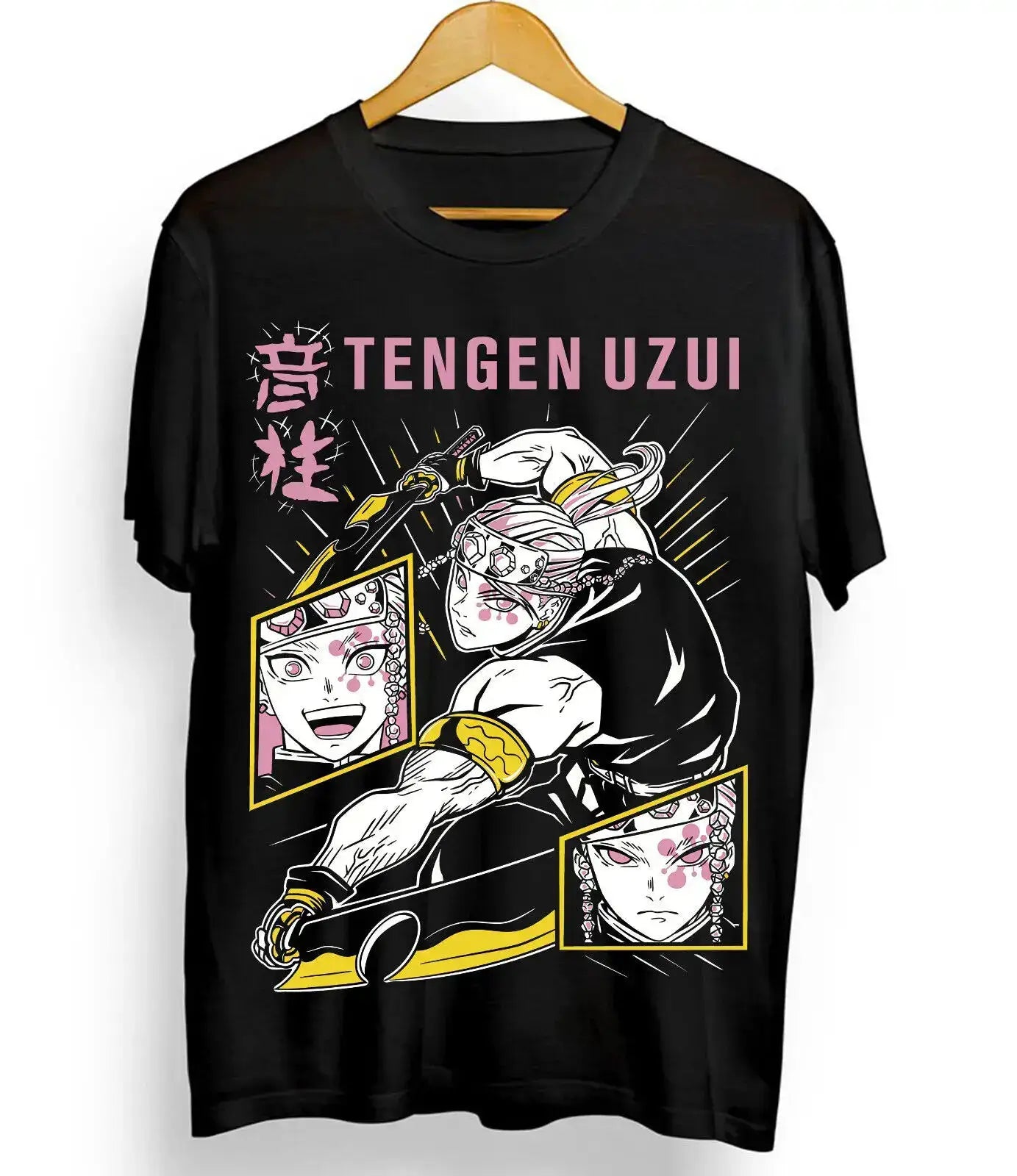 Black Tengen Uzui T-shirt from Demon Slayer featuring a bold graphic design and the Infinite Visibility brand logo.