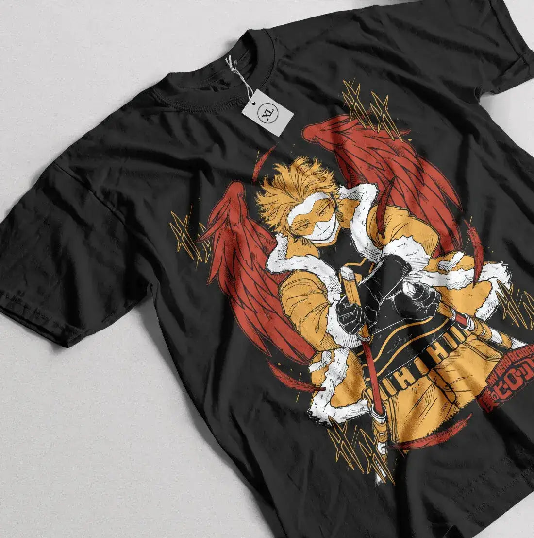 Wing Hero Hawks T-Shirt featuring Keigo Takami from anime manga, with a detailed graphic print on a black T-shirt by Infinite Visibility.