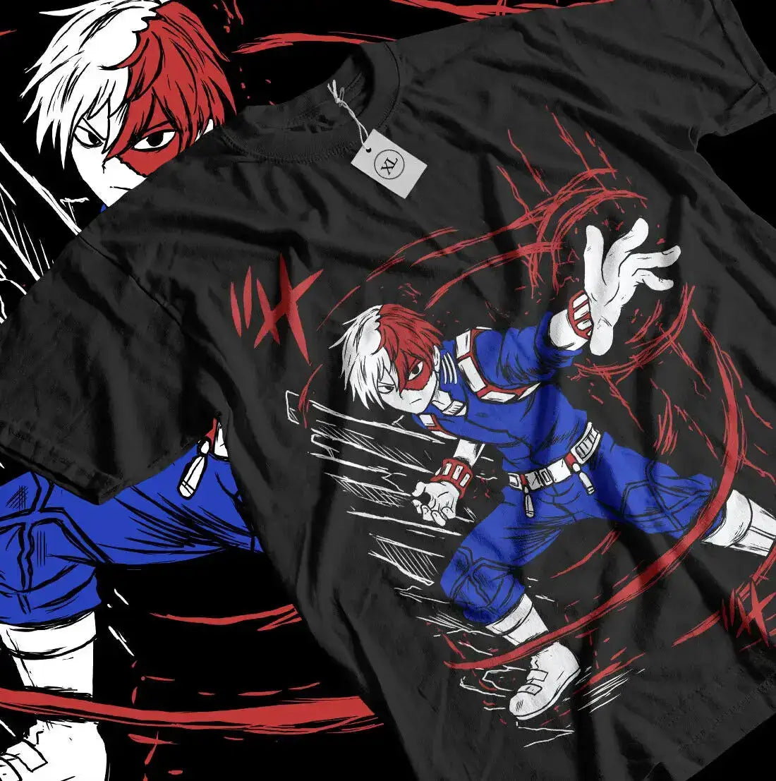 Black Todoroki T-shirt featuring Dabi and Toya from My Hero Academia, designed by Infinite Visibility, shown on a white background.