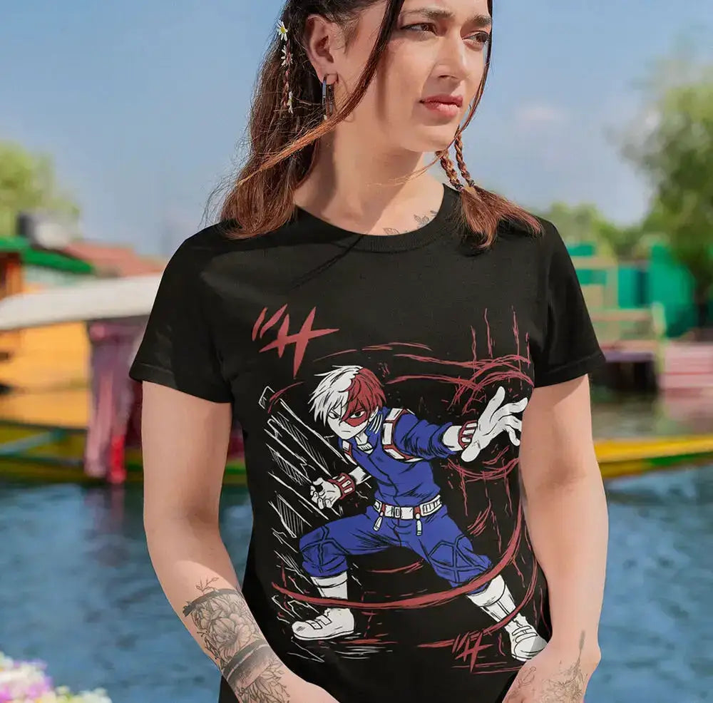 Black My Hero Academia Todoroki T-shirt featuring Dabi and Toya, made by Infinite Visibility, displayed on a white background.