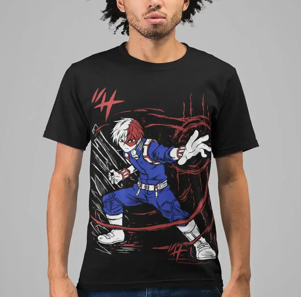 Black Todoroki T-shirt featuring Dabi and Toya from My Hero Academia, made by Infinite Visibility, displayed on a white background.