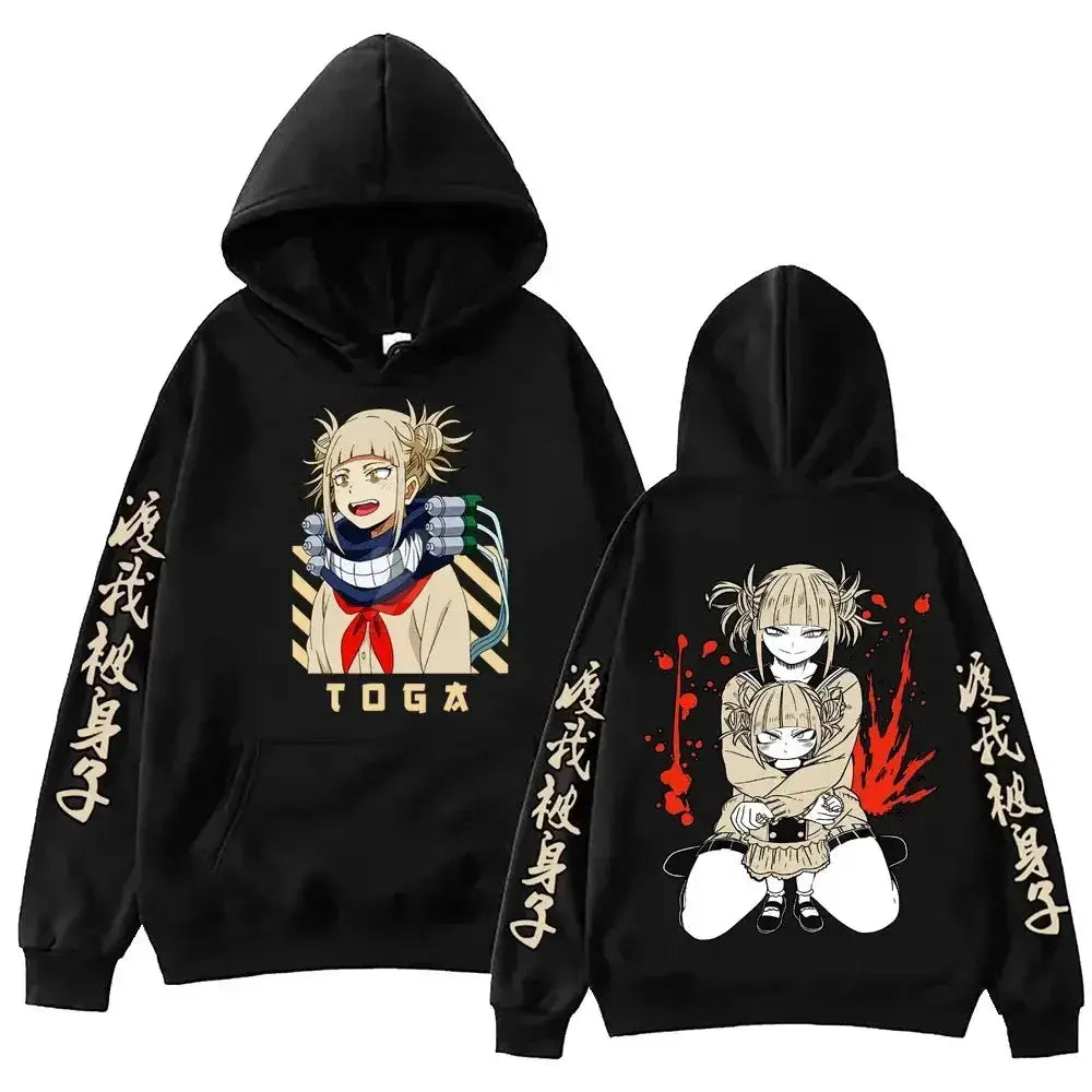 Oversized Himiko Toga hoodie from Infinite Visibility featuring MHA anime fleece design, displayed on a white background.