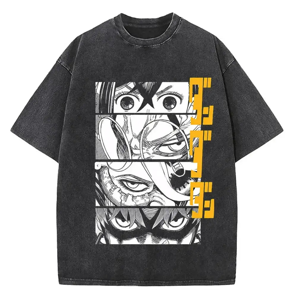 Japanese anime-style Dandadan Okarun T-shirt by Infinite Visibility featuring vibrant graphic design and anime-inspired artwork.