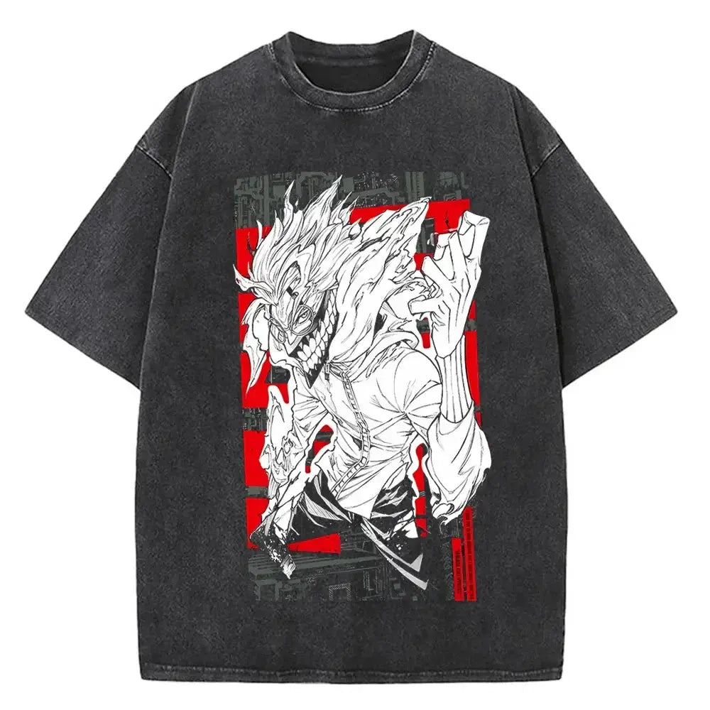 Japanese anime-inspired Dandadan Okarun T-shirt by Infinite Visibility featuring graphic art on a casual black T-shirt.