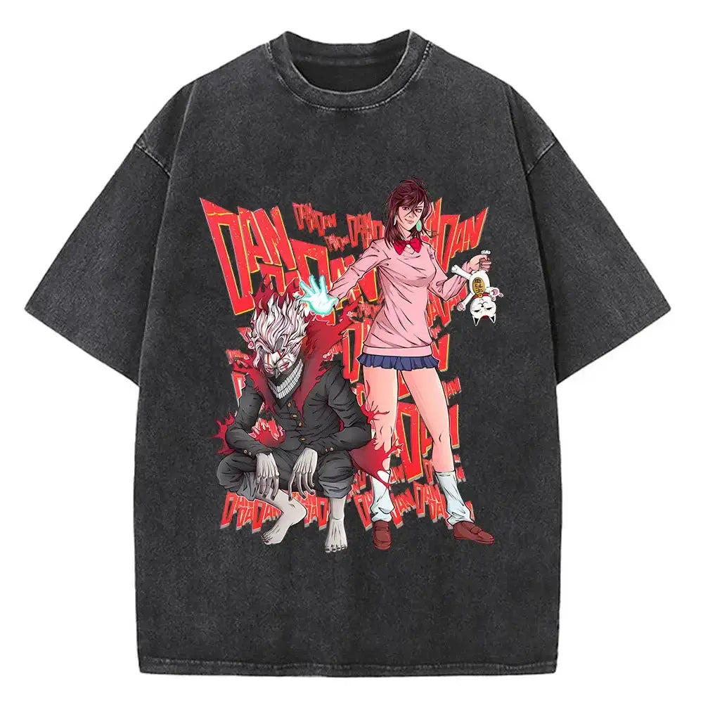 Japanese anime-inspired Dandadan Okarun T-shirt by Infinite Visibility featuring vibrant graphic artwork on a casual tee.