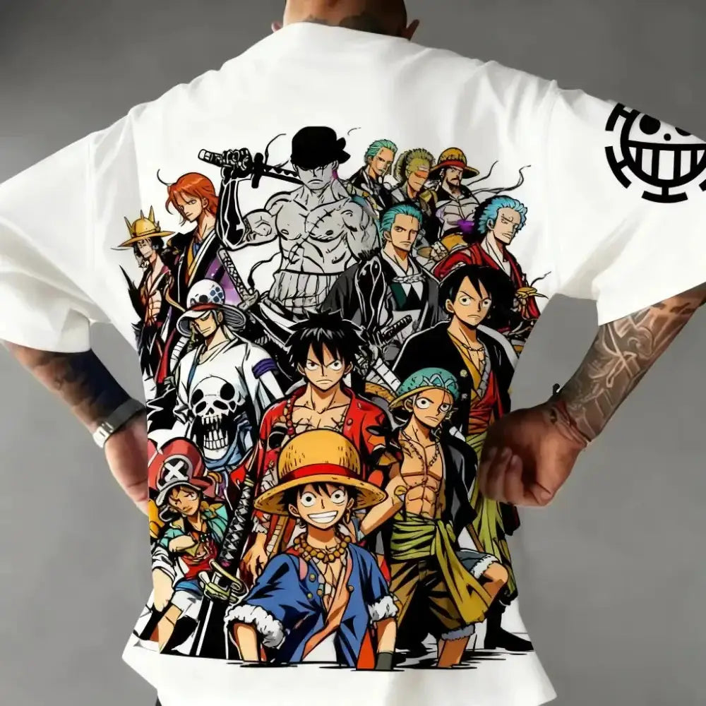 Infinite Visibility Miniso One Piece T-shirt featuring Luffy, Zoro, and Sanji cotton graphic tee with colorful character illustrations.