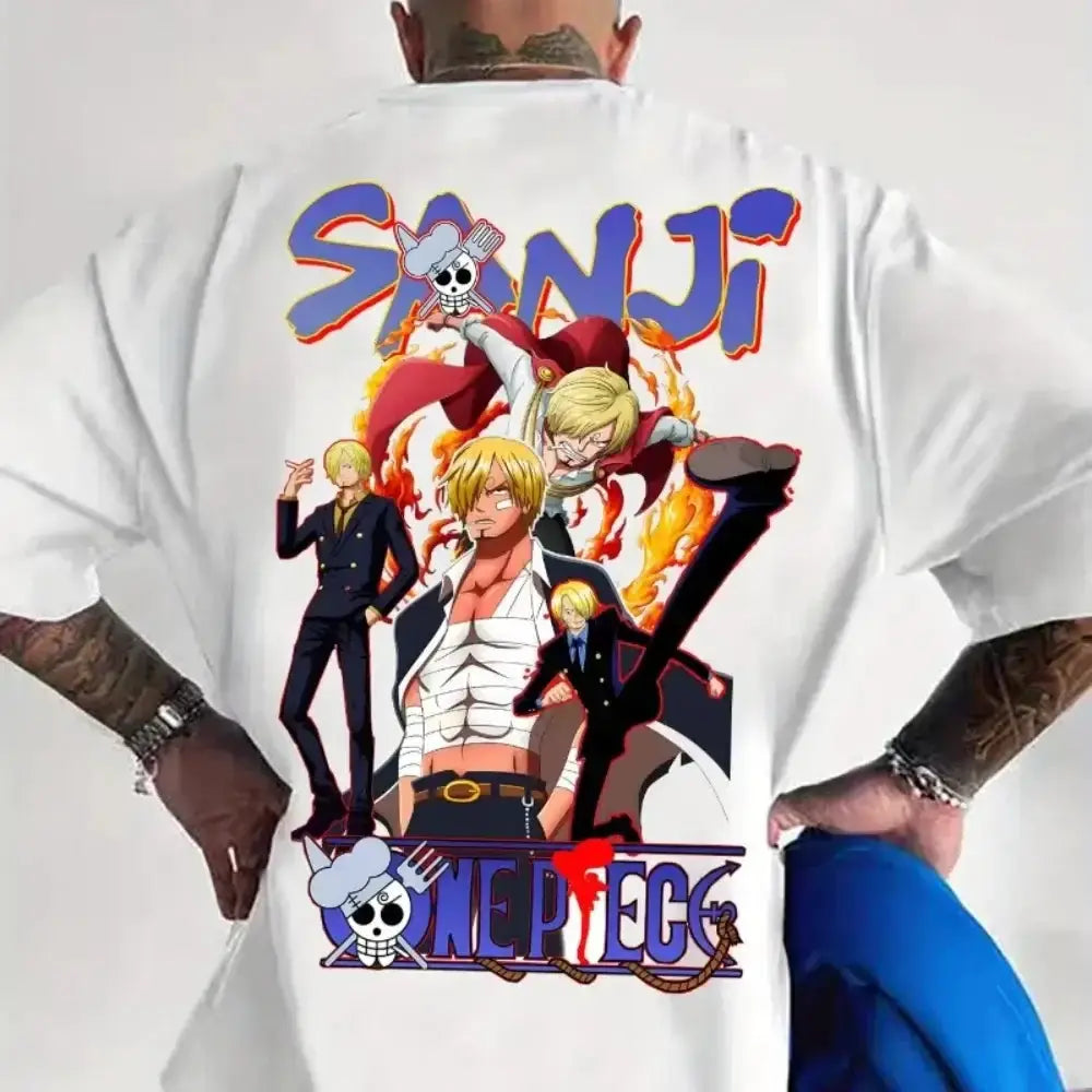 Infinite Visibility Miniso One Piece T-shirt featuring Luffy, Zoro, and Sanji cotton graphic design, perfect for anime fans.