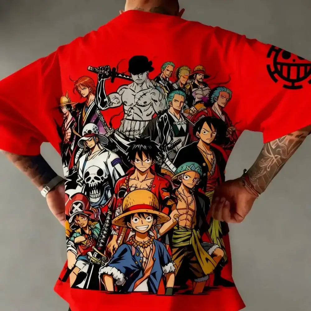 Infinite Visibility Miniso One Piece T-shirt featuring Luffy, Zoro, and Sanji cotton graphic tee with characters from the popular anime.