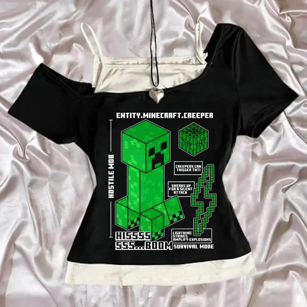 Slim black punk gothic baby tee by Infinite Visibility featuring Y2K off-shoulder tank top style with bold design details.