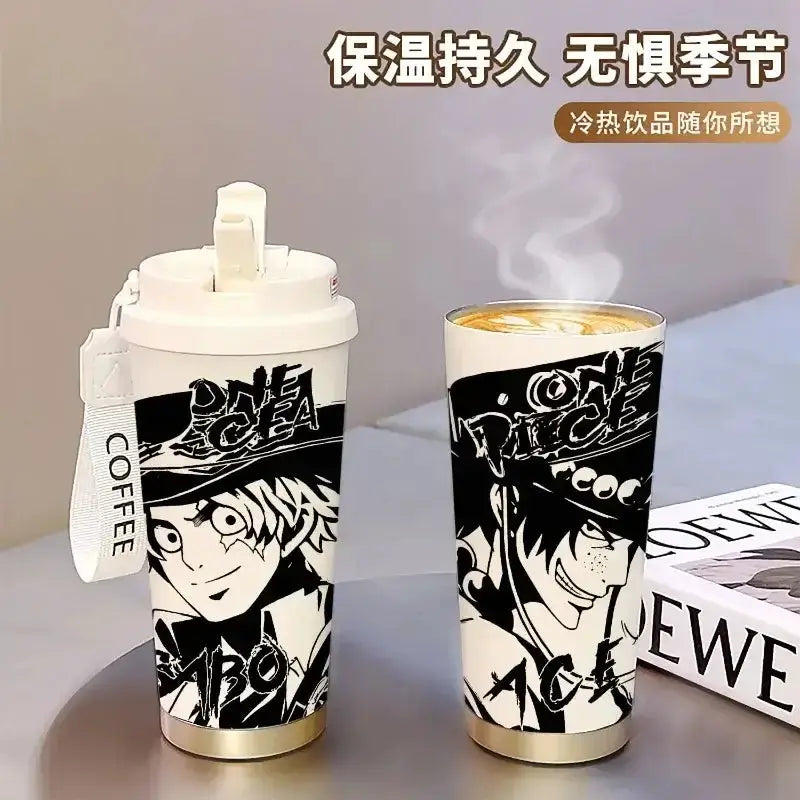 Anime thermos cup featuring Luffy and Zoro from One Piece, 520ML straw mug by Infinite Visibility, with colorful character designs.