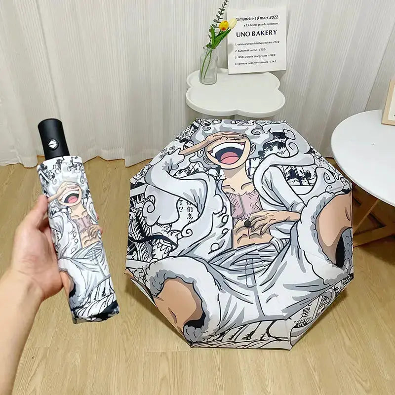 Infinite Visibility One Piece Nika Luffy fold umbrella with automatic opening, sun protection, featuring vibrant design, compact and portable.